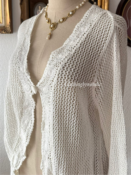White Long Crochet Cardigan size M