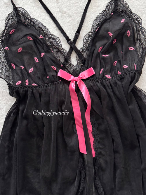 Black Pink Mesh Babydoll Size M