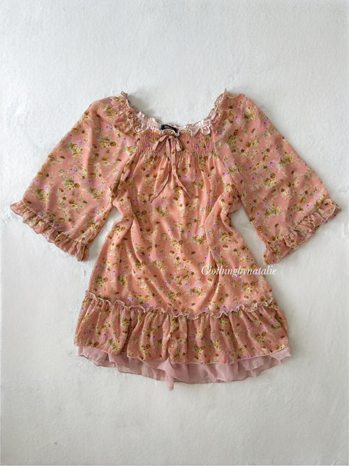 Japanese Orange Floral Chiffon Dress (M)