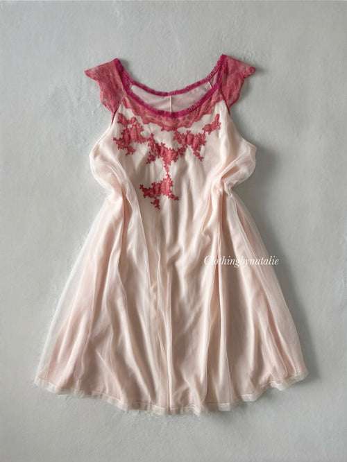 Vintage Pink Chiffon Short Sleeves Babydoll size S/M