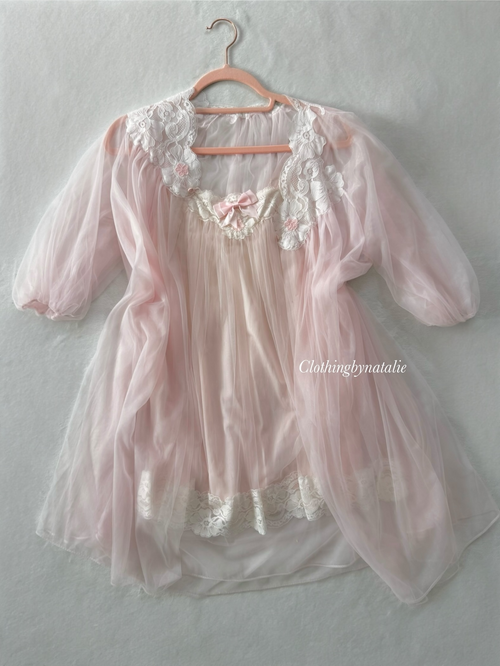 Vintage Candy Pink Nylon Peignoir Set Size S/M