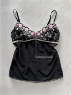 Floral Embroidery Black Chiffon Cami Size S