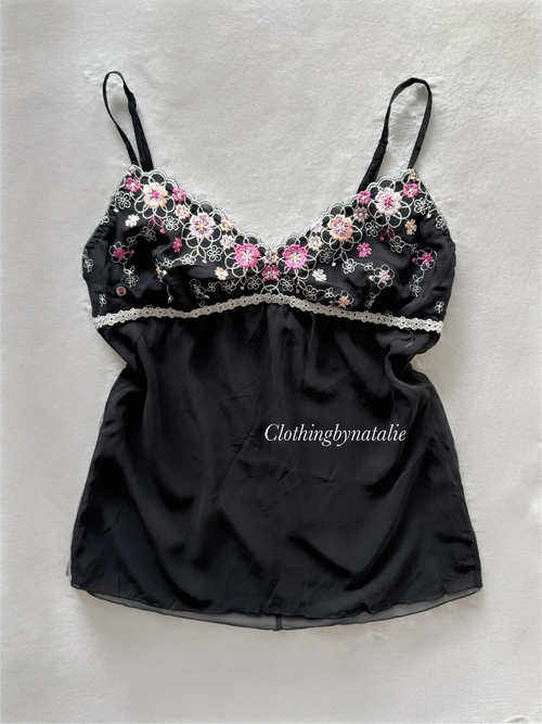 Floral Embroidery Black Chiffon Cami Size S
