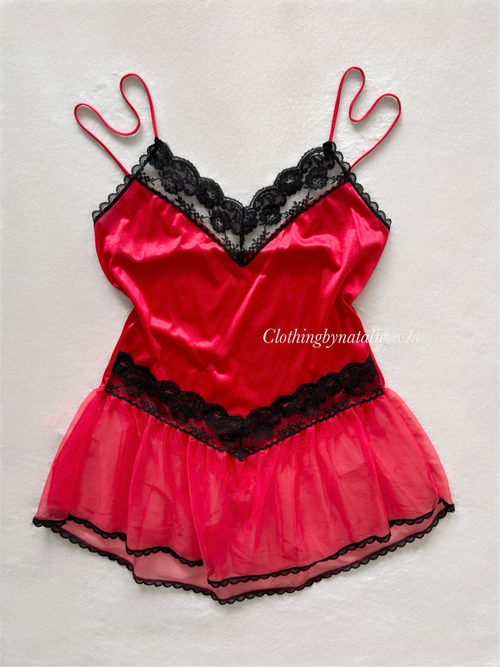 Vintage Red Nylon Chiffon Babydoll Size S/M