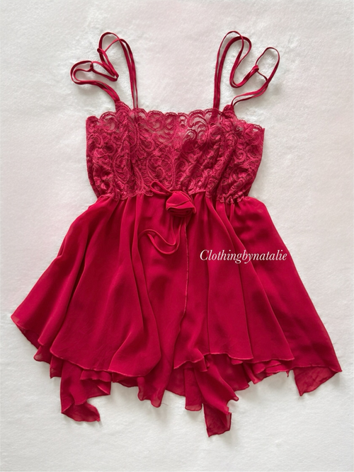 Romantic Red Chiffon Lace Mini Dress Size S