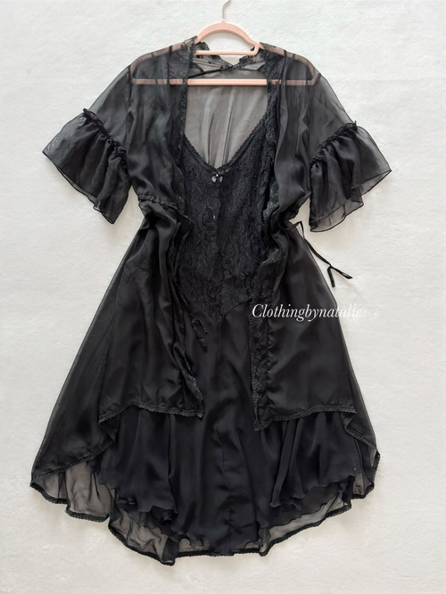 Vintage Black Chiffon Peignoir Set Size S/M
