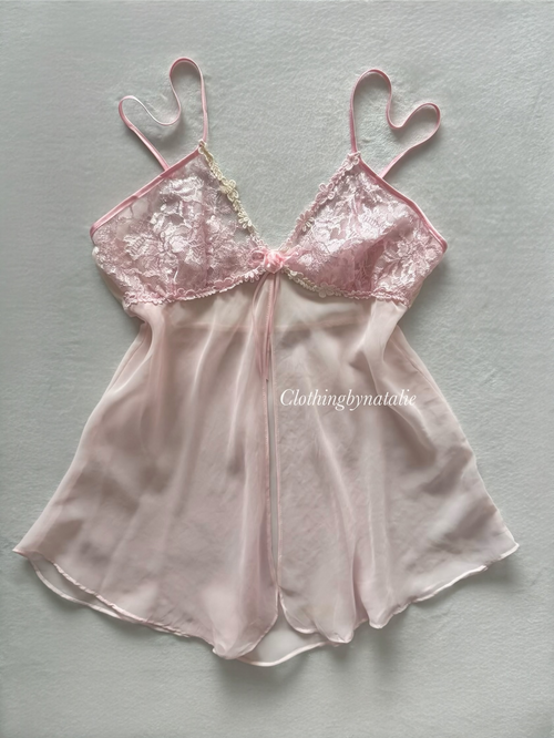 Cinema Etoile Pink Chiffon Lace Babydoll Size M