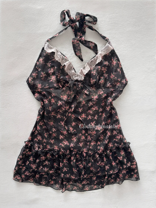 Black Floral Sheer Chiffon Babydoll Size M