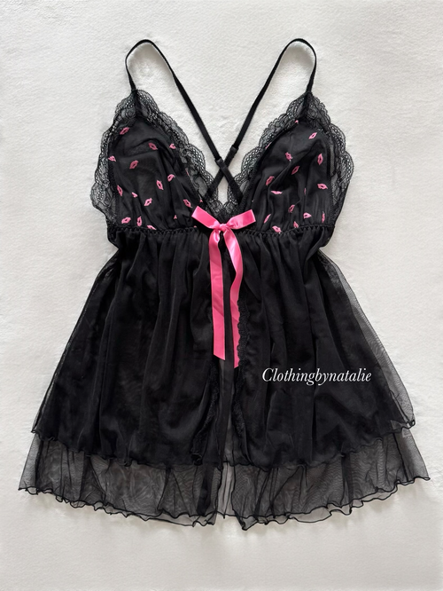 Black Pink Mesh Babydoll Size M