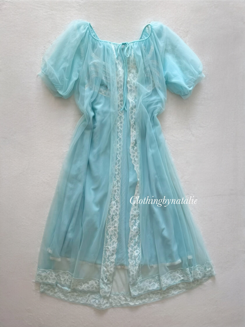 Vintage Blue Nylon Peignoir Set Size M